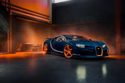 Blue Bugatti Chiron sports car with orange accents and gold wheels parked in a dramatic lit garage — 5K Ultra HD PC desktop wallpaper and background.