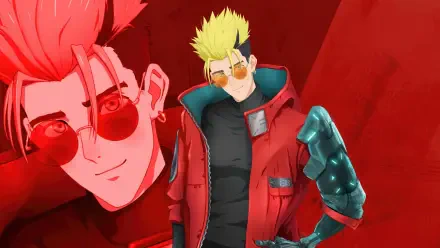 4K Ultra HD PC wallpaper: anime art of Trigun STARGAZE's Vash the Stampede — spiky blond hair, red coat and sunglasses, full-body and close-up against a vivid red backdrop.