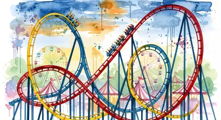 Vibrant watercolor roller coaster with looping red, yellow and blue tracks over ferris wheels and circus tents — 4K Ultra HD PC desktop wallpaper and background.