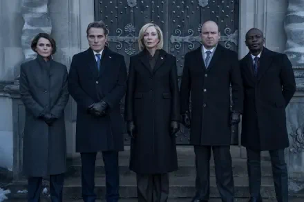 Five stern figures in dark suits and coats stand before an ornate stone doorway — promotional image from the TV show The Diplomat, 2K Quad HD PC desktop wallpaper.