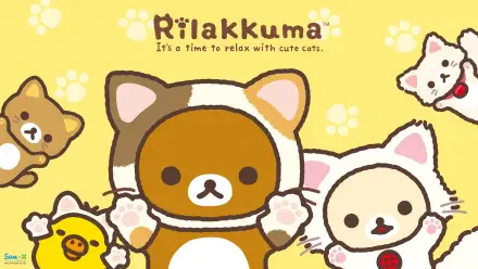San-X Rilakkuma HD PC desktop wallpaper: Rilakkuma and friends in cat costumes on a yellow paw-print background with the tagline It's a time to relax with cute cats.