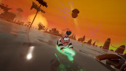 HD PC wallpaper from the video game SpongeBob SquarePants: Titans of the Tide featuring Patrick Star on a glowing surfboard skimming a flooded, orange-tinted cityscape.