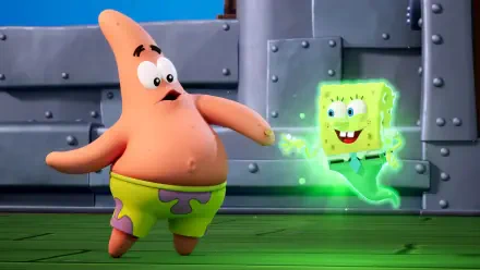 HD PC desktop wallpaper of SpongeBob SquarePants (glowing green ghost form) and Patrick Star aboard a metal ship interior — scene from the video game SpongeBob SquarePants: Titans of the Tide.