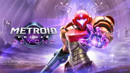 HD PC desktop wallpaper and background for the video game Metroid Prime 4: Beyond, featuring Samus Aran in her Power Suit with arm cannon glowing against a purple alien sci‑fi landscape.