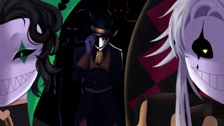 HD PC Desktop Wallpaper and Background: dark, stylized harlequin and pierrot figures with eerie grins and hollow eyes; a top-hatted silhouette stands between two sinister masked companions.