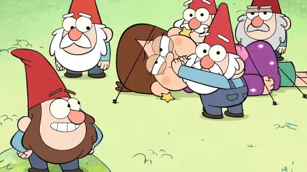 HD PC desktop wallpaper from the TV show Gravity Falls: Mabel Pines laughs as mischievous gnomes swarm and playfully smother her on a grassy background.