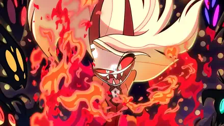 4K Ultra HD PC wallpaper: Charlie from Hazbin Hotel, horned and grinning as fiery red-orange flames swirl around her.