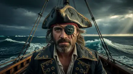 4K Ultra HD PC Desktop Wallpaper and Background: stern pirate captain with tricorn hat and eye patch, standing on a ship's deck as stormy seas churn behind him.