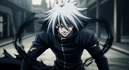 Ragna Crimson 4K Ultra HD PC desktop wallpaper: white-haired, red-eyed protagonist crouches amid dark shadow tendrils in a dim, rain-flecked alley.