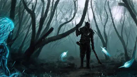 4K Ultra HD PC desktop wallpaper of a lone armored warrior in a misty fantasy forest, surrounded by small glowing blue fairies.