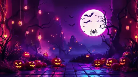 4K Ultra HD PC desktop wallpaper and background: purple Halloween night with a full moon, bats, a spider, glowing jack-o'-lanterns, hanging lanterns and twisted trees over a misty path.