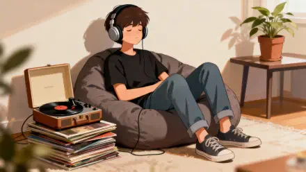 Anime boy with headphones lounging on a beanbag beside a stack of records, a plant and a turntable — cozy 4K Ultra HD PC desktop wallpaper/background.