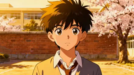 Anime, anime boy: a schoolboy under cherry blossoms in golden sunset, looking ahead — 4K Ultra HD PC desktop wallpaper/background.