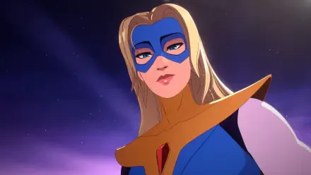 2K Quad HD PC desktop wallpaper: video game character Dispatch — blonde in a blue mask and gold-trimmed blazer, gazing against a starry purple sky.