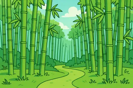 4K Ultra HD PC desktop wallpaper/background of a lush bamboo forest with a winding path, tall green stalks and a leafy canopy beneath a bright sky.