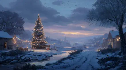 Christmas landscape — 4K Ultra HD PC desktop wallpaper and background: snowy village at dusk, a glowing Christmas tree by a frozen river, cozy cottages under a soft twilight sky.