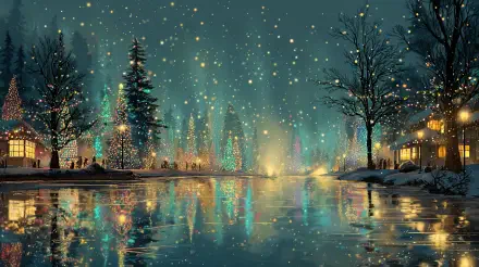 Christmas landscape 4K Ultra HD PC desktop wallpaper and background: snowy lakeside village at night with lit firs, twinkling lights and stars reflecting across a calm icy river.
