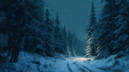 4K Ultra HD PC desktop wallpaper: a snowing winter night in a pine forest, tracks through the snow leading to a warm distant glow as flakes fall under moonlit trees.