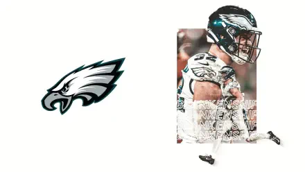 HD PC desktop wallpaper: Philadelphia Eagles NFL football image with team logo on left and an Eagles defensive player in action on the right.
