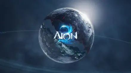 HD PC desktop wallpaper for the video game Aion 2: a glowing blue Aion 2 logo over a fractured, icy planet floating in dark space.
