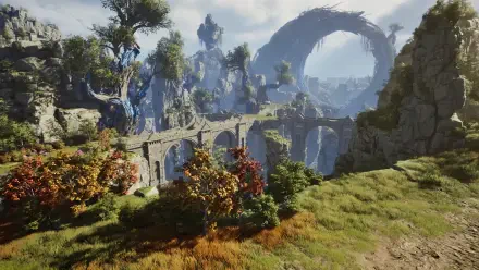 HD PC desktop wallpaper and background from the video game Aion 2: sunlit fantasy landscape with an ancient stone bridge, a massive ring arch, rocky cliffs, trees and grassy meadow.