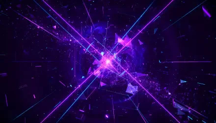 Abstract purple 4K Ultra HD PC desktop wallpaper showing a glowing fragmented nebula with intersecting magenta and cyan neon beams radiating from a shattered central core.