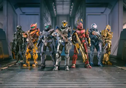 Halo Infinite HD PC desktop wallpaper showing seven armored Spartan soldiers in colorful Mjolnir armor standing in formation inside a metallic hangar, weapons ready.