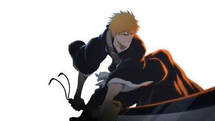 HD PC wallpaper of Ichigo Kurosaki from mobile game Bleach: Soul Resonance — crouched with a glowing orange aura and drawn sword against a dark background.