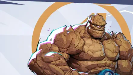 Thing (Marvel Comics) from Marvel Rivals: rocky, muscular hero against a stylized white backdrop with a golden ring — 4K Ultra HD PC desktop wallpaper.