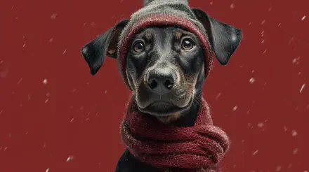 Black dog in a red knit hat and scarf with falling snow on a deep red backdrop — holiday Christmas 4K Ultra HD PC desktop wallpaper/background.