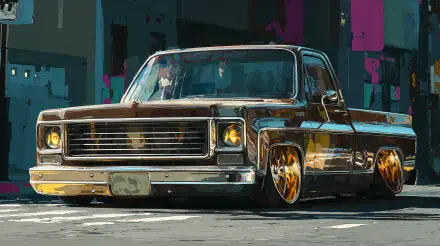 Glossy lowered brown lowrider truck with gold rims on an urban street — 4K Ultra HD PC desktop wallpaper background