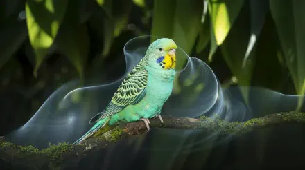 Turquoise and yellow parakeet perched on a mossy branch with soft light swirls and leafy bokeh — 4K Ultra HD PC desktop wallpaper/background.