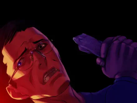 HD PC desktop wallpaper from the video game The Song of Saya — close-up of a terrified bespectacled man in red light, a gloved hand holding a small object near him.