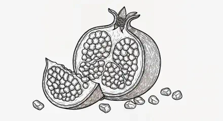 Monochrome line art of a pomegranate—whole, a sliced wedge, and scattered seeds. 4K Ultra HD PC desktop wallpaper and background.