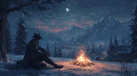 Bloodborne Christmas gaming 2K Quad HD PC desktop wallpaper: lone hunter beside a bonfire in a snowy night landscape, village lights and distant mountains.
