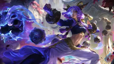 8K Ultra HD PC desktop wallpaper of Yunara (League of Legends), a video game character — purple-haired champion in flowing robes, casting swirling dark energy orbs in a dynamic battle pose.