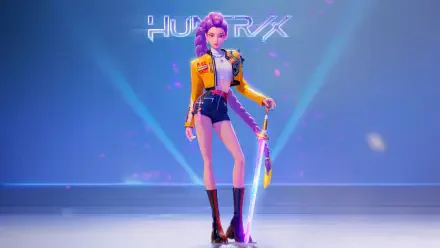 KPop Demon Hunters 5K Ultra HD PC desktop wallpaper/background: stylized K-pop demon hunter with purple braid, yellow jacket and glowing sword on a neon-lit stage.
