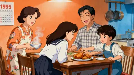 4K Ultra HD PC Desktop Wallpaper and Background: warm family gathering in a cozy kitchen, parents and children smiling as they share steaming roast at a wooden table.