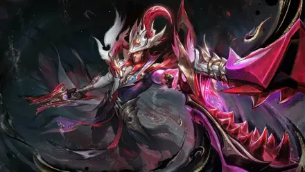 4K Ultra HD PC desktop wallpaper: a fantasy character from the mobile game Mobile Legends: Bang Bang — armored, horned warrior in a dark swirling cloak wielding a glowing magenta blade.