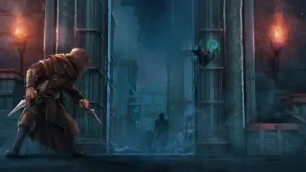 5K Ultra HD PC desktop wallpaper/background — Ashes of Creation video game thief: hooded rogue in a stealth RPG scene, dagger drawn, slipping through a torchlit city alley.