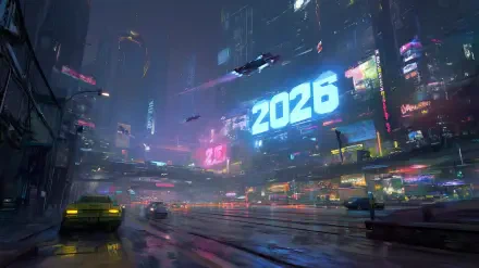 2K Quad HD PC desktop wallpaper: cyberpunk futuristic city, 2026 — neon-lit skyscrapers, wet streets, street-level traffic and flying cars streaking through the night.