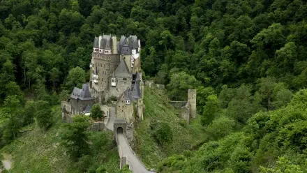 HD photography of Eltz Castle: a stone castle nestled among dense green trees, aerial view for an HD PC desktop wallpaper background.