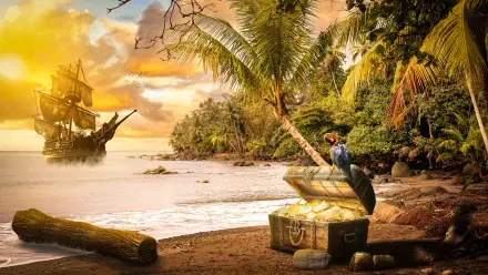 Adventure 4K Ultra HD PC desktop wallpaper and background: tropical sunset beach with an open treasure chest, parrot perched atop, leaning palms and a sailing ship near the shore.
