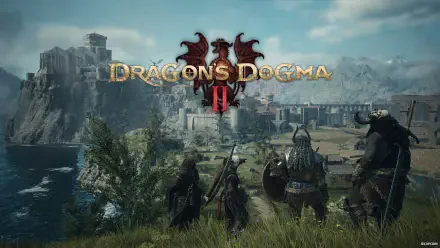Dragon's Dogma 2 PC wallpaper (2K Quad HD): three armored adventurers gaze at a coastal fortress, Capcom RPG title displayed.