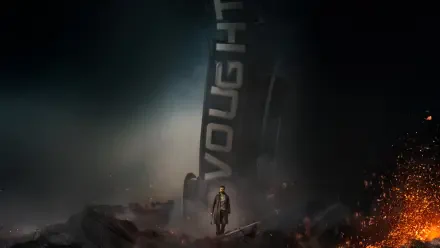 The Boys (2019) — 4K Ultra HD PC desktop background: lone figure walks amid rubble toward a towering Vought banner, smoke and fires casting an ominous glow.