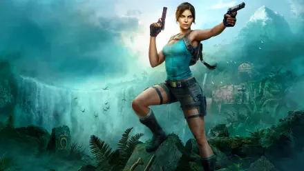 Lara Croft from Tomb Raider: Legacy of Atlantis stands on a jungle cliff with dual pistols, a waterfall and ancient ruins behind — 4K Ultra HD PC desktop wallpaper/background.