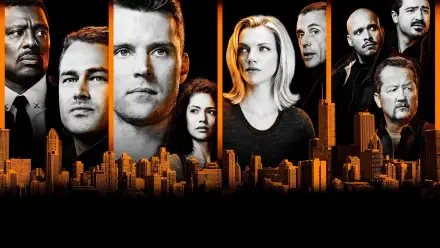 Chicago Fire cast montage over an orange-lit Chicago skyline with vertical panels and a dark backdrop — 4K Ultra HD PC desktop wallpaper/background.