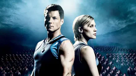 Battlestar Galactica (2003) 2K Quad HD PC wallpaper: two uniformed officers stand back-to-back with a massed crew and fleet behind them beneath a dramatic, stormy sky.