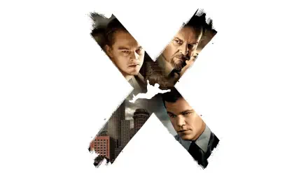 The Departed 4K Ultra HD PC desktop wallpaper and background: a distressed X-shaped cutout filled with four men's faces and a city skyline on a stark white field.