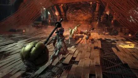 Phantom Blade Zero HD PC desktop wallpaper: armored swordsman fights glowing, lanky foes on a shattered wooden deck inside a dim, lantern-lit chamber with sparks and scattered debris.